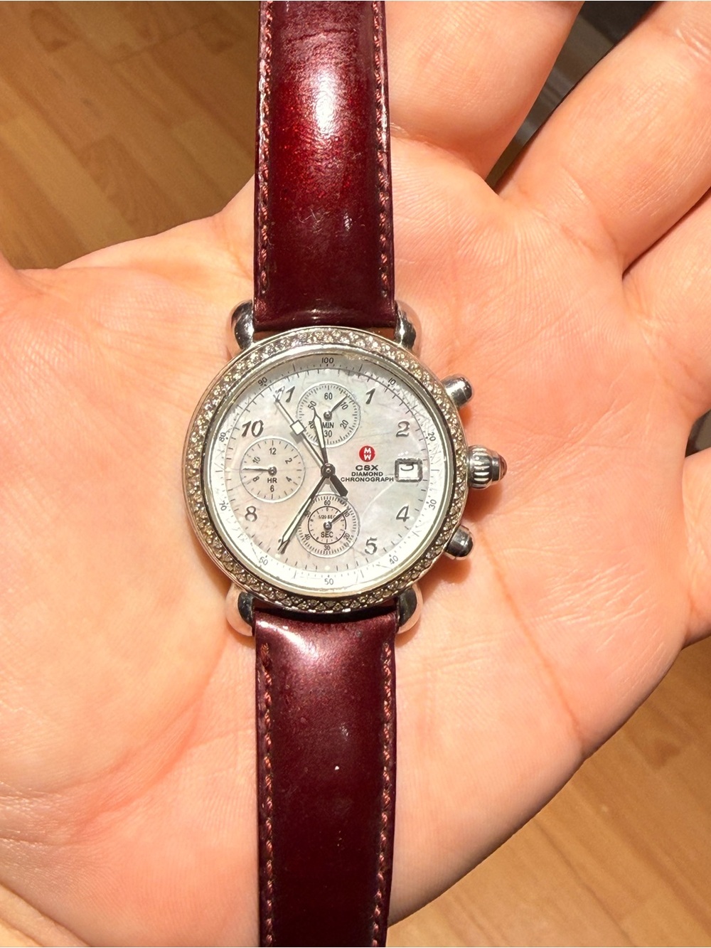 Michele Diamond Bezel Chronograph Watch with Burgundy Leather Strap